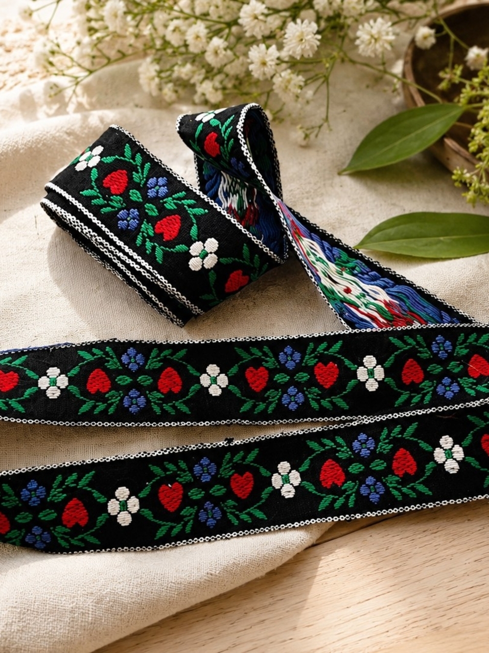 Vtg European Folk Woven Floral Trim Ribbon Black Red Heart Jacquard 1.7yd x 1.5"